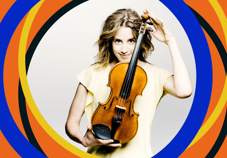 Vilde Frang smiling and holding her violin, with BBC SO branding around the edge of the image