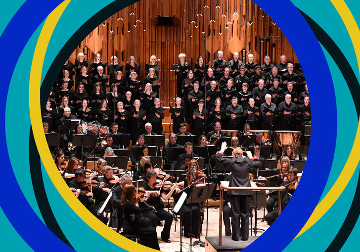 BBC Symphony Chorus on the Barbican stage, with BBC SO branding around the edges