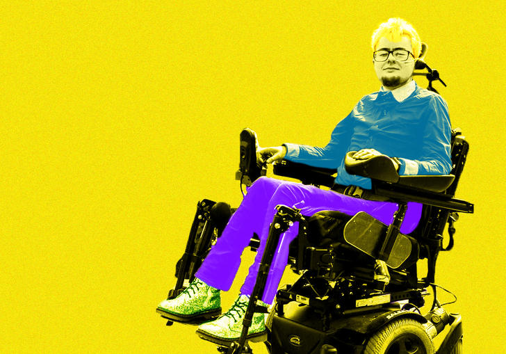 Jamie Hale is shown in a pop art style in their powered wheelchair. The colour of their photograph has been made black and white and then their trousers have been painted purple and their top is blue. The background is yellow and the words CRIPtic span the width of the image in red bold font behind Jamie.