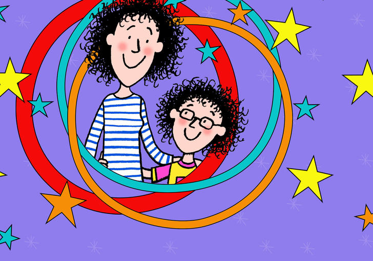 Drawing of Jacqueline Wilson characters on a purple background, circled with stars around them