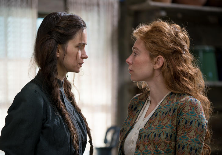 Katherine Waterston and Vanessa Kirby look at each other