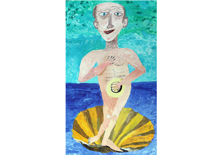 Painting of a shirtless man standing on a large sea shell on the sea, with a bright blue sky background