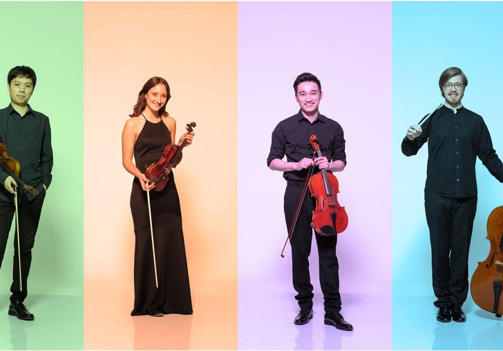 The players of Simply Quartet stand separately, each with a different coloured rectangle behind them