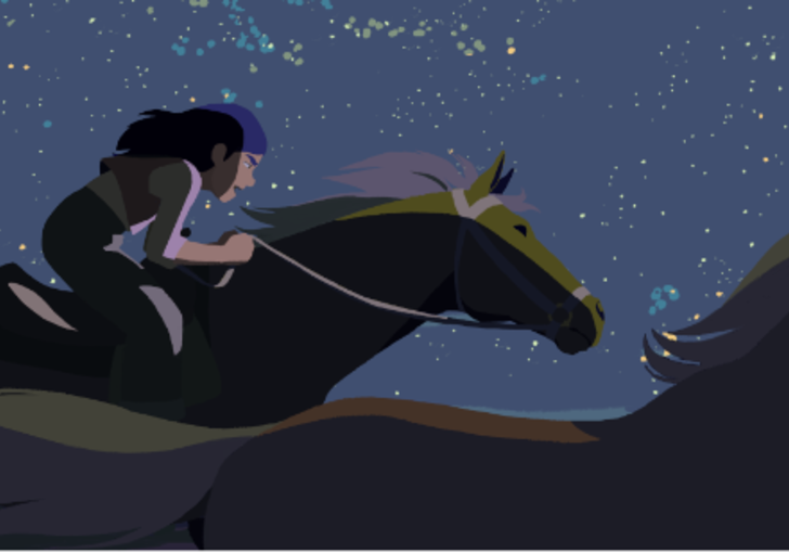 A young woman rides a horse under a starry sky in an image from the animated film Calamity