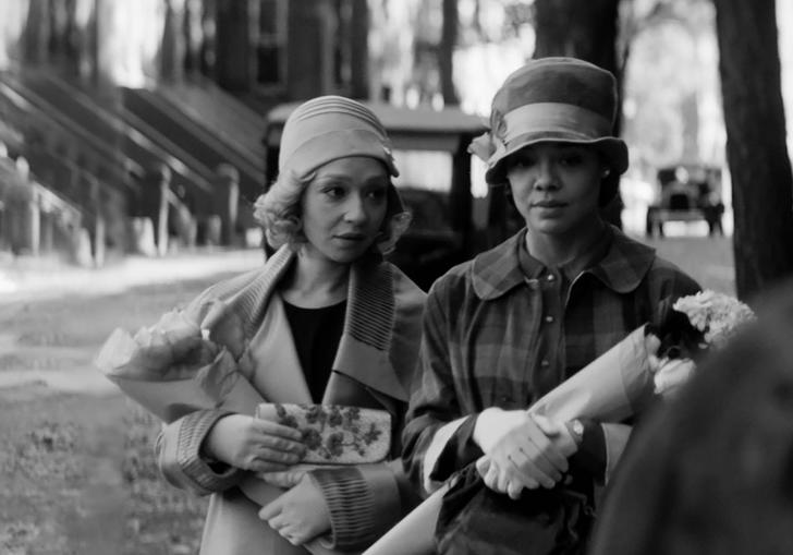 Black and white still of Ruth Negga as Clare and Tessa Thompson as Irene in Passing.