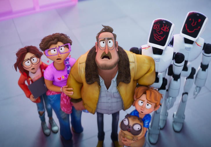An animated family and two robots stand looking puzzled in a still from The Mitchells vs The Machines