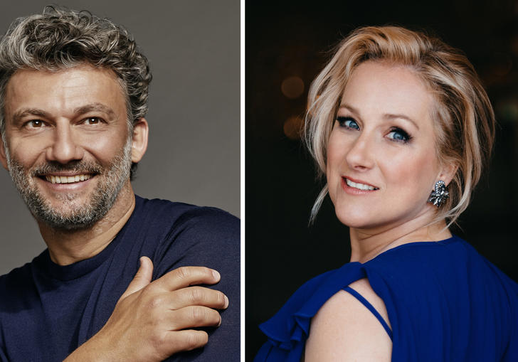 The image is split into two: Jonas Kaufmann on the left, Diana Damrau on the right