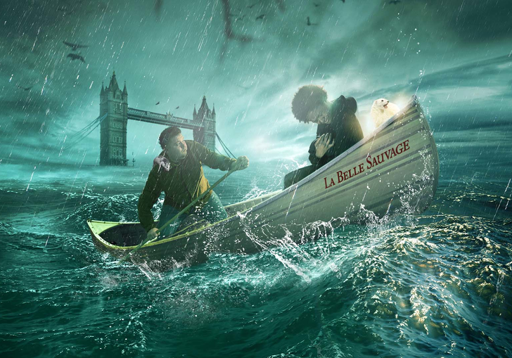 2 Characters in a small boat during a storm on the choppy river thames