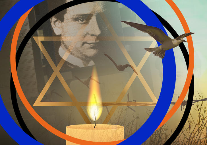 A candle burns in the centre of the image, with the star of David above it. Barbed wire runs across the photo, and a bird flies out of the right hand side of the image. Viktor Ullmann's image is in the background. The image has BBC SO branding around it.