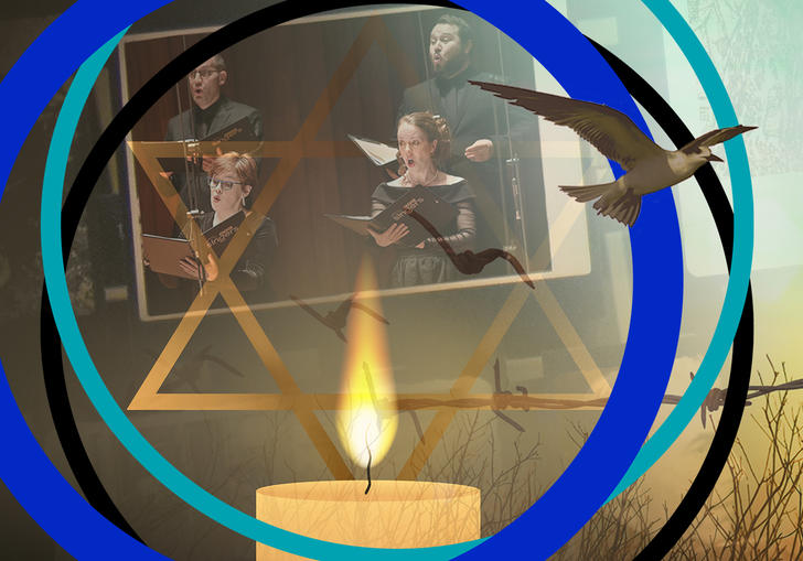 A candle burns in the centre of the image, with the star of David above it. Barbed wire runs across the photo, and a bird flies out of the right hand side of the image. The BBC Singers' image is in the background. The image has BBC SO branding around it.