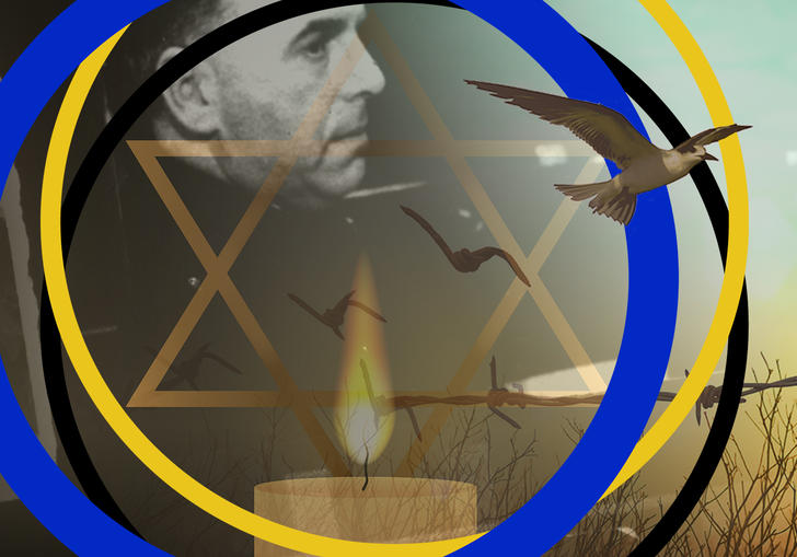 A candle burns in the centre of the image, with the star of David above it. Barbed wire runs across the photo, and a bird flies out of the right hand side of the image. Schulhoff's image is in the background. The image has BBC SO branding around it.