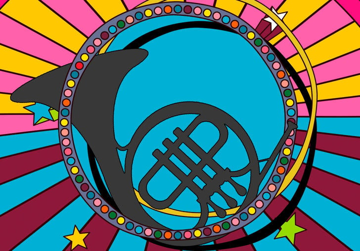 A digital image of a french horn sits in the middle of a blue circle, with pink, yellow, and blue sun rays coming out of the blue circle