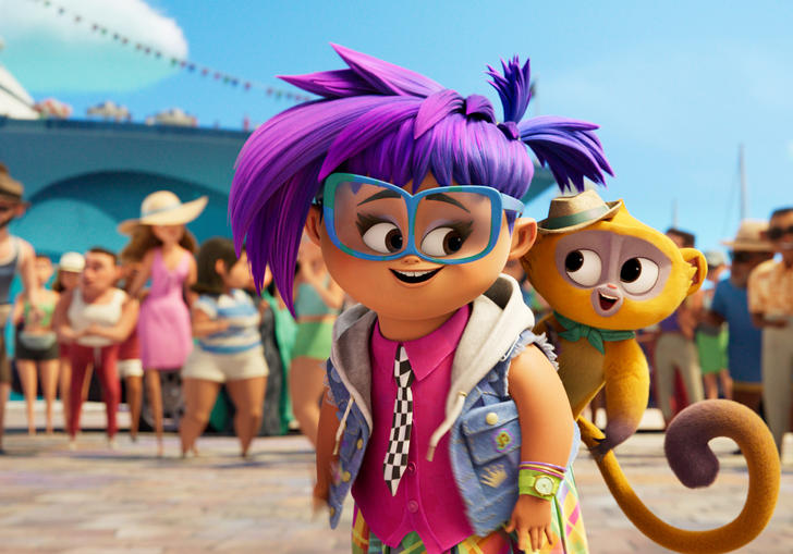 Animation of purple haired Gabi and Vivo the monkey on her shoulder