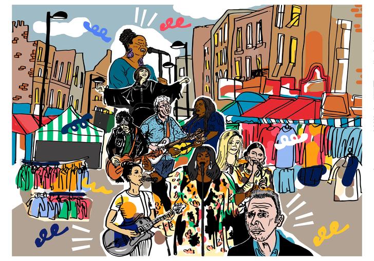 An illustration of a market scene with musicians performing