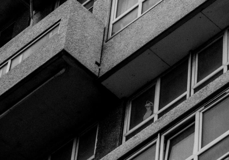 Black and white image of a block of flats in London