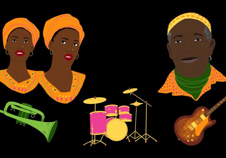 illustration of a green trumpet, pink drum set and a brown guitar with two peoples faces