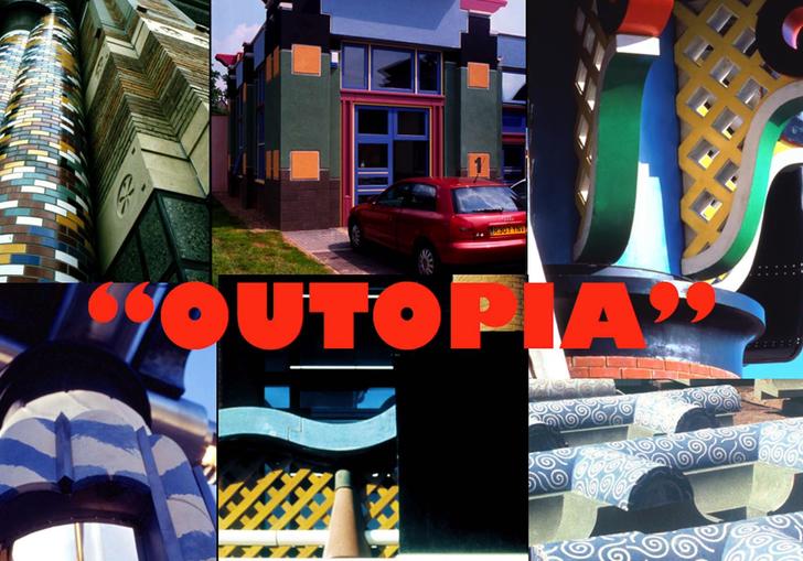 a composite image of architect John Outram's work, with the word 'OUTOPIA' overlaid