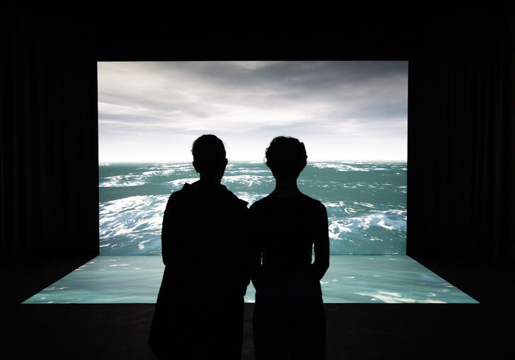 two people looking at a projection of the ocean 