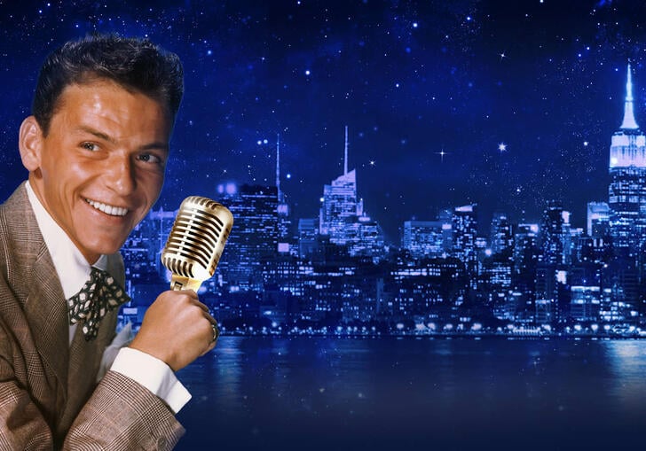 Frank Sinatra superimposed in front of the New York City skyline at night