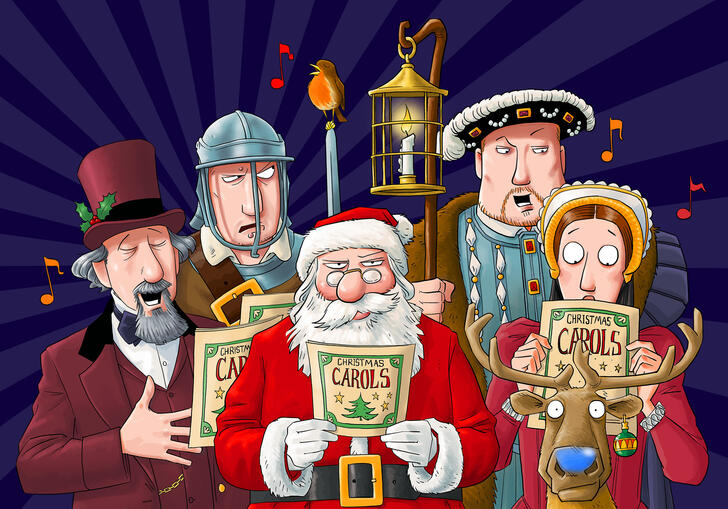 A group of Horrible Histories cartoon characters including Father Christmas, Henry VIII and Charles Dickens, singing Christmas carols