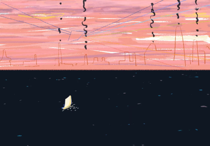 An illustration of a boat sailing towards a city. The water is midnight blue and the city in a hazy pink light.