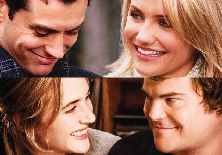 A split screen image with Jude Law and Cameron Diaz on top and Kate Winslet and Jack Black on the bottom
