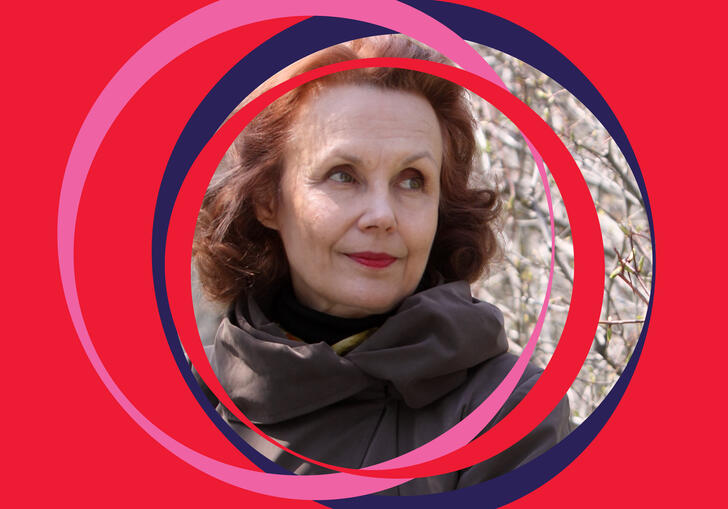 Kaija Saariaho image, centered around pink BBC SO branding