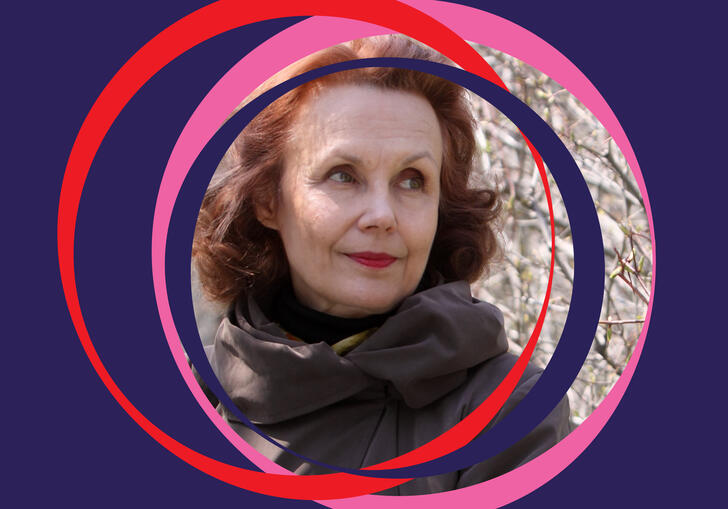 Kaija Saariaho image, centered around purple BBC SO branding