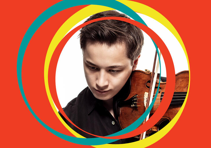 Johan Dalene plays his violin, looking down at the ground. BBC SO branding surrounds his image