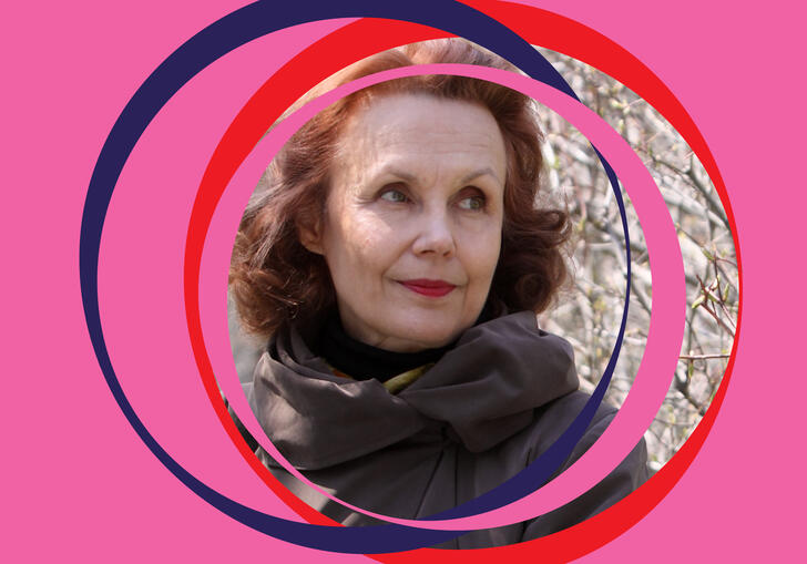 Kaija Saariaho image, centered around pink BBC SO branding