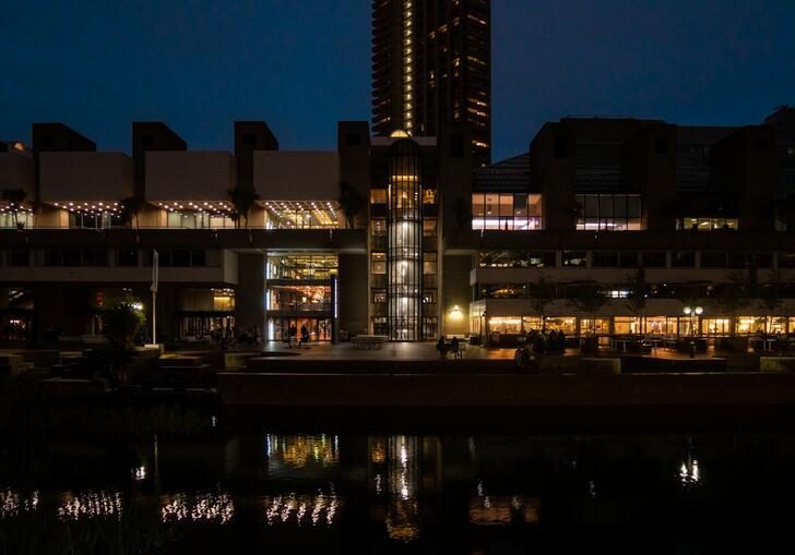 The Barbican Centre at night time.
