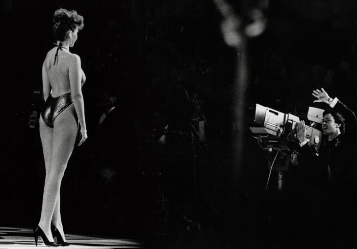 black and white photo of a vintage Miss World competition