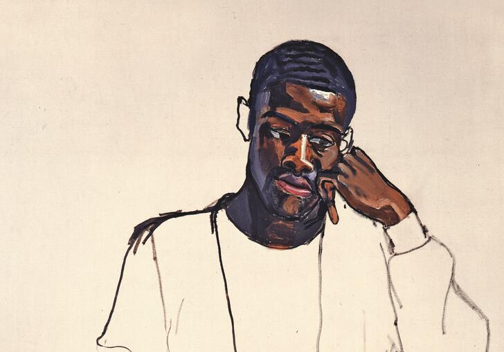 painting by Alice Neel: Black Draftee (James Hunter), 1965, Oil on canvas.