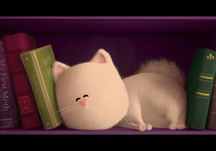 animated white cat sitting on a book shelf between books