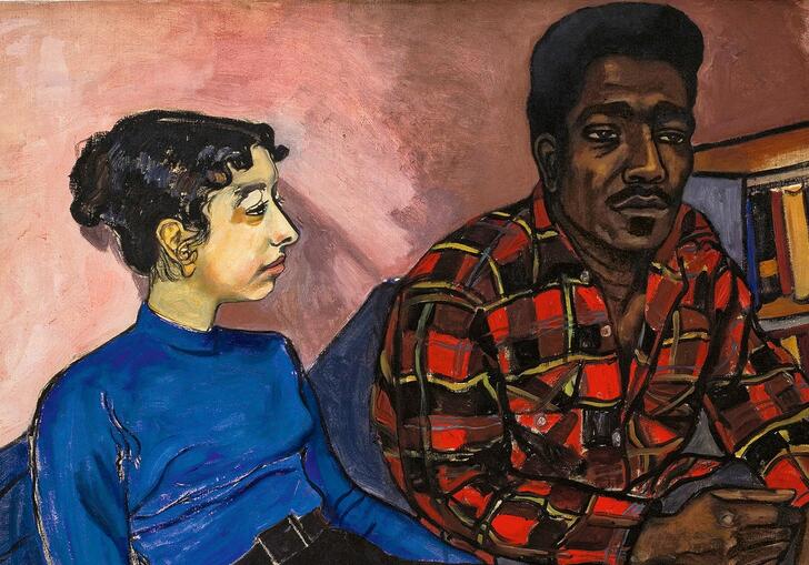 A portrait by Alice Neel of two figures sat together.