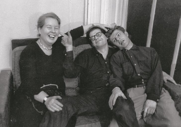 black and white photo of Alice Neel, Allen Ginsberg and Gregory Corso during the making of the film Pull My Daisy by Robert Frank and Alfred Leslie, 1959. Photograph by John Cohen. 