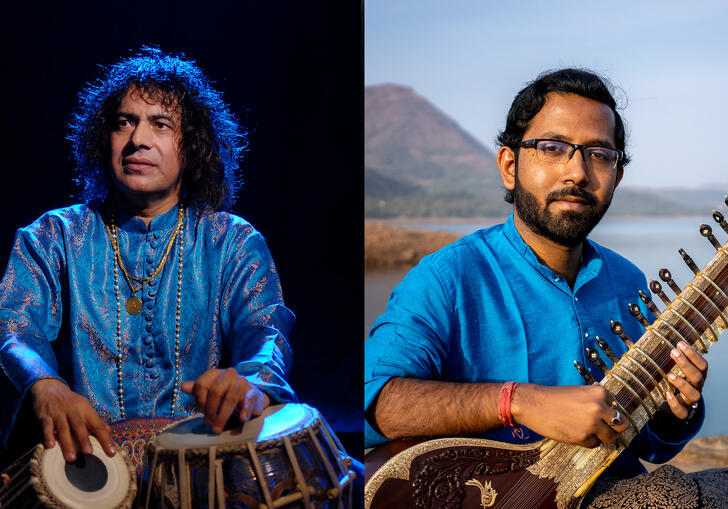 Side by side photo of performers Ustad Tari Khan and Ayan Sengupta