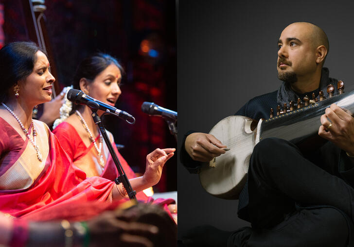 Side by side photo of performers Gayatri Sisters and Alam Khan