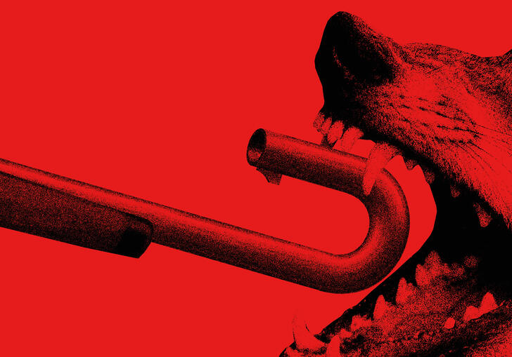 A  snarling open-mouthed wolf is biting the end of a shotgun that's pointed at it. The end of the gun is bent into a U shape, aiming back at the shooter who can't be seen holding the gun. The image is monochrome on a red background.