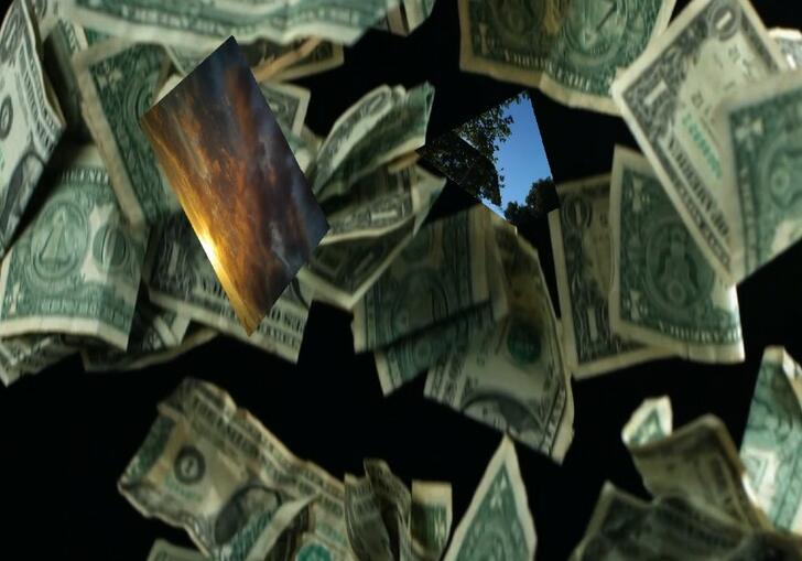 a composite photo or dollar bills spliced with landscape - Laure Prouvost, How to Make Money Religiously