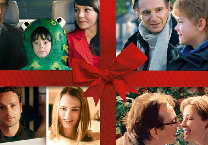 Four scenes from Love Actually on each quarter of the image, with a red ribbon in the centre