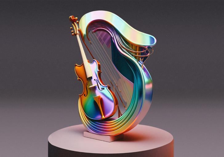 Artwork depicting a rainbow coloured cello cradled by an abstract shape resembling a harp