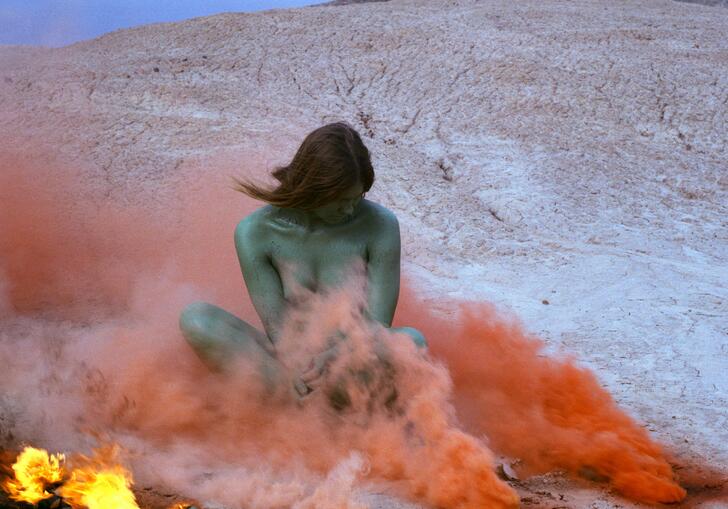 Judy Chicago, Immolation from Women and Smoke, 1972 Fireworks performance Performed by Faith Wilding in the California Desert © Judy Chicago/Artists Rights Society (ARS), New York Photo courtesy of Through the Flower Archives Courtesy of the artist; Salon 94, New York; and Jessica Silverman Gallery, San Francisco