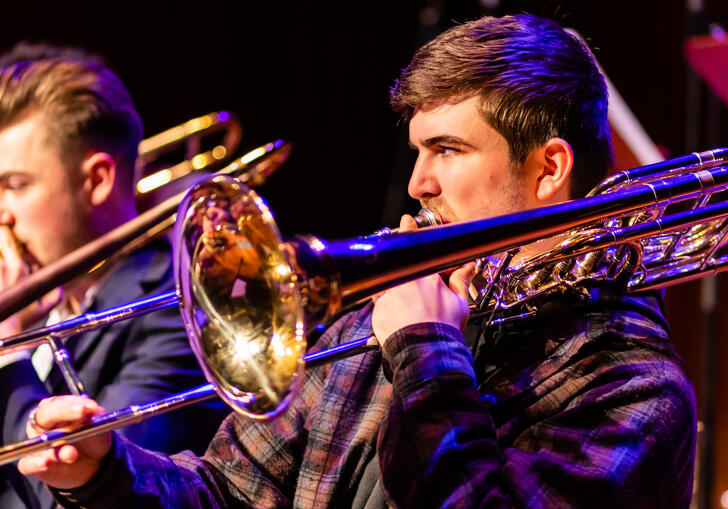 Two Guildhall School jazz trombone players in performance