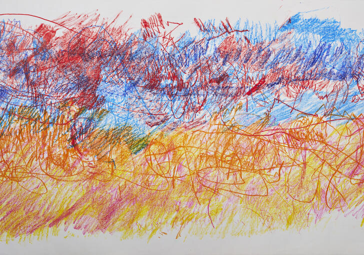 Artwork of blue, red, pink, orange, yellow colours on top of each other