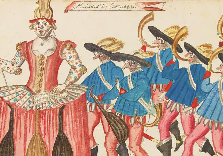 15th century costume design illustration by Daniel Rabel, created for the court ballets of Louis XIII. This illustration depicts the Fairy of Music and her entourage of musicians. 