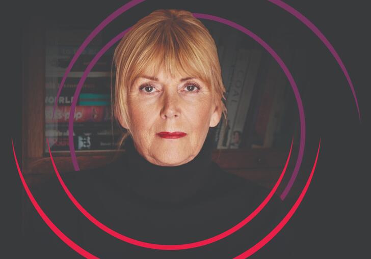 Kate Atkinson looking at the camera, with circular purple and red swirls around her