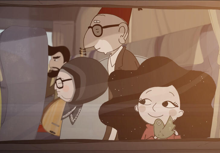 A girl sitting on a train with her parents looks hopefully out the window.
