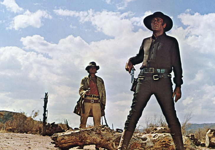 Two cowboys stand in the desert facing the same direction.