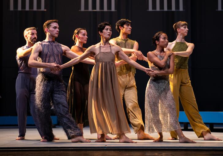 Seven dancers stand arm-in-arm looking off-stage. They are wearing muted colours.